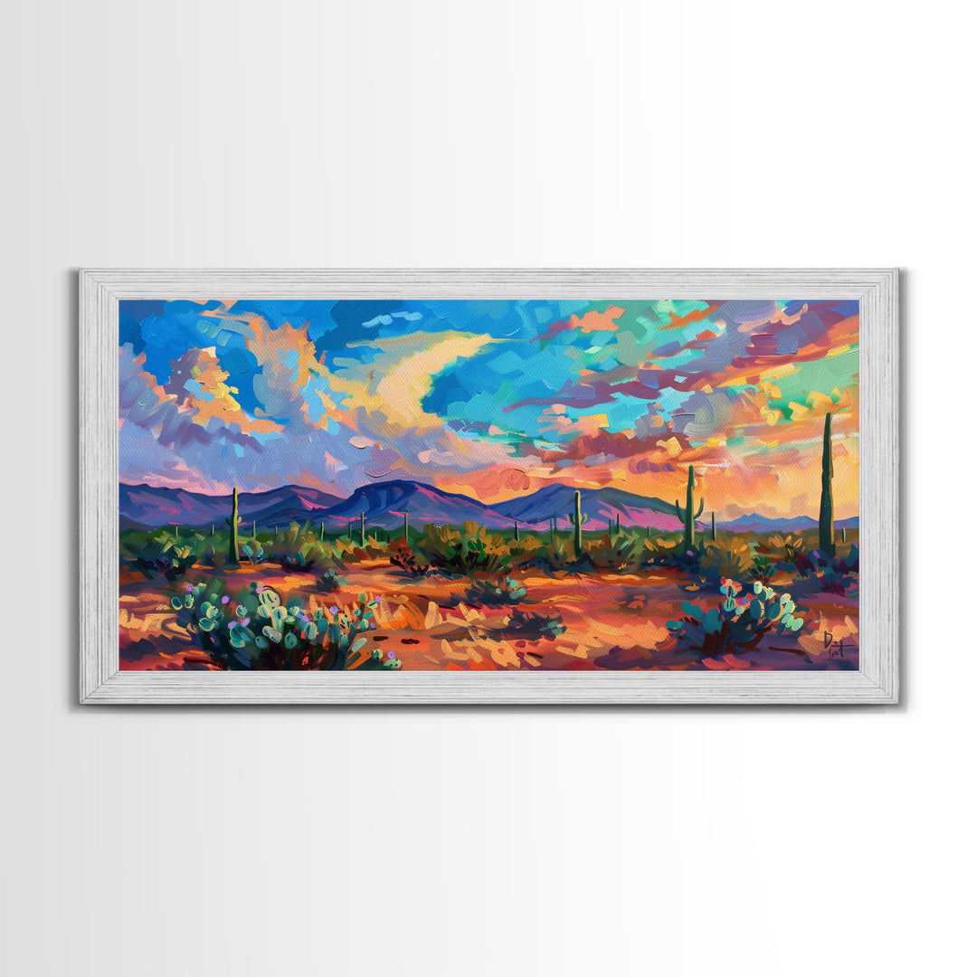 Vibrant Desert Sunset Landscape with Cacti, Framed Canvas Print for Living Room Art, Perfect for Boho and Southwestern Decor