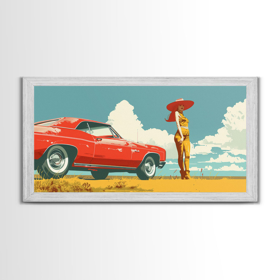 Vintage Cowgirl and Classic Red Car in Pop Art Style, Framed Canvas Print for Bedroom Decor, Perfect Living Room Wall Art