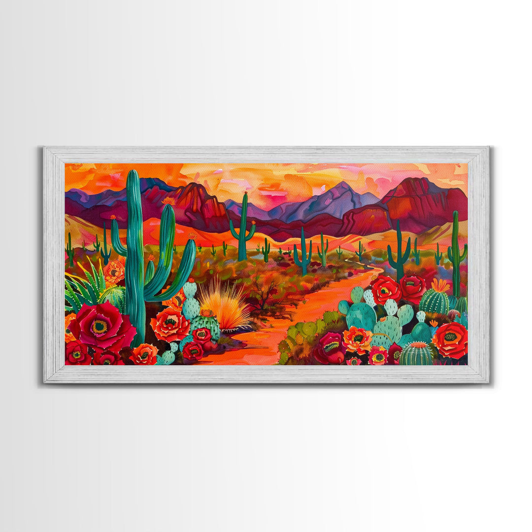 Vibrant desert scene with cacti and blooming flowers, Framed Canvas Print for boho living room, southwestern home decor art