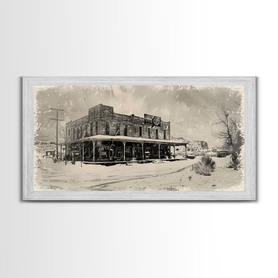 Snowy Western Town with Vintage Charm, Framed Canvas Print for Rustic Living Room Decor, Perfect Bedroom Wall Art, Winter Scene