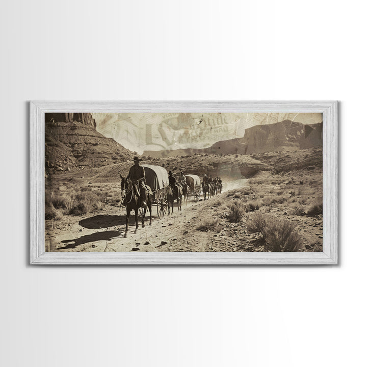 Western Wagon Trail through Desert Canyon, Framed Canvas Print for Farmhouse Living Room Wall Art, Vintage Home Decor, Rustic Scene