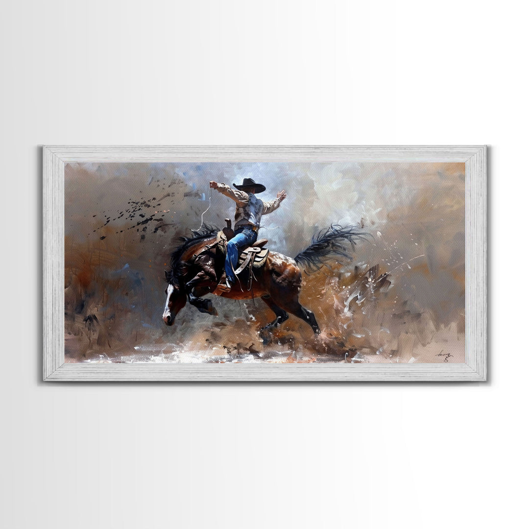 Rodeo Cowboy on Bucking Horse, Farmhouse Style Framed Canvas Print for Bedroom Wall Art, Rustic Home Decor, Western Action Art