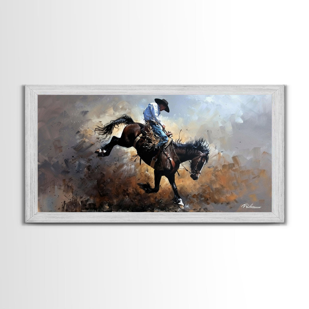 Wild Bronco Rider in Dusty Arena Scene, Stunning Framed Canvas Print, Ideal for Living Room Art, Western Bedroom Decor, Home Wall Art