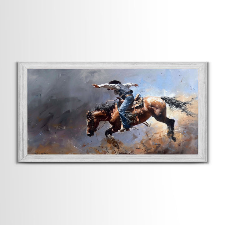 Powerful Rodeo Horse in Mid-Buck, Striking Framed Canvas Print, Perfect for Living Room Art, Western Bedroom Decor, Cowboy Wall Art