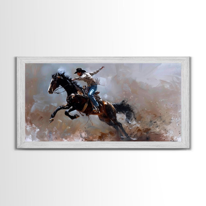 Action-Packed Rodeo Scene with Bucking Horse, Beautiful Framed Canvas Print, Western Living Room Art, Rustic Bedroom Decor, Wall Art