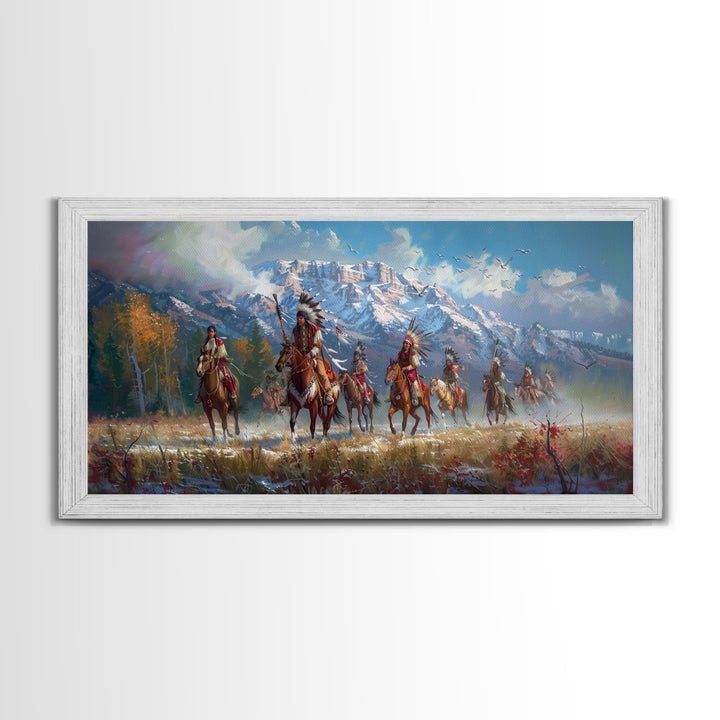 Native American Warriors Riding Through Snow-Capped Mountains, Ideal Wall Art, Framed Canvas Print Living Room Bedroom Decor, Historical Art