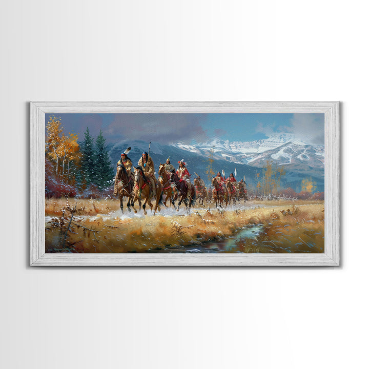 Tribal Warriors Journeying Through Snowy Landscape, Perfect Wall Art, Framed Canvas Print for Living Room or Bedroom Decor, Historical Art