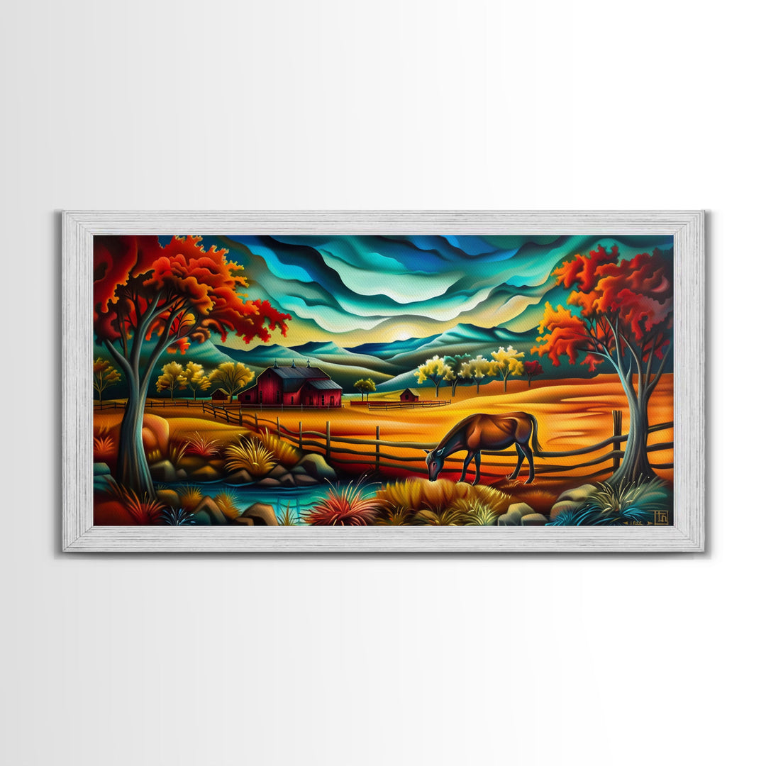 Abstract Colorful Farm Scene with Grazing Horse, Ideal Wall Art, Framed Canvas Print for Living Room or Bedroom Decor, Vibrant Nature Art