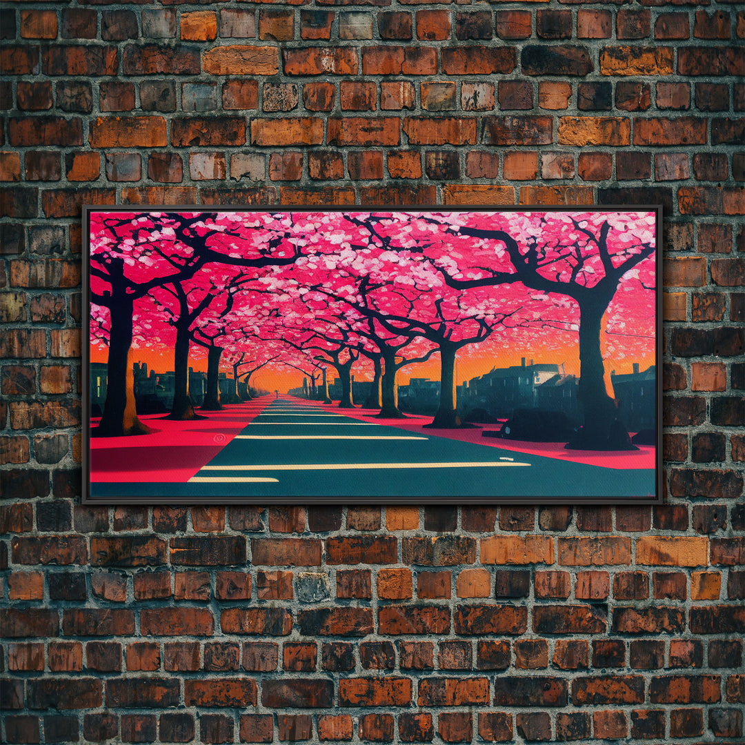 Street lined with Cherry Blossoms, Cherry Blossom Tree  Art, Framed Canvas Print, Ready To Hang Wall Art, Framed Wall Art