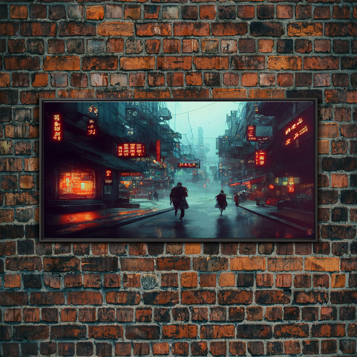 Cyberpunk City, Bladerunner Vibes Dystopian Cityscape, Wall Decor, Ready To Hang Framed Canvas Print, Oversize Wall Art