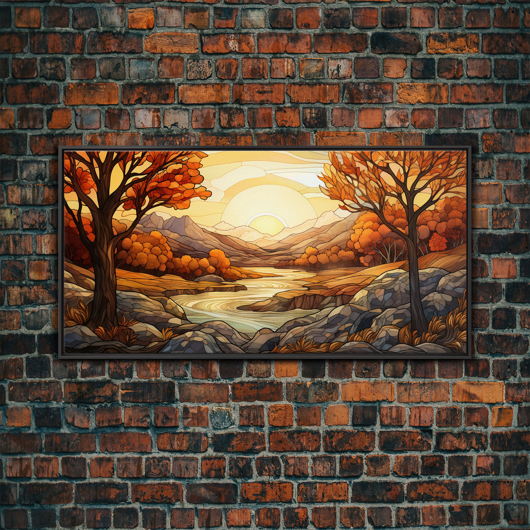 Fall Centerpiece Landscape Painting Canvas Print, Stained Glass Style Art, Stained Glass Wall Art, Autumn Decor, Rustic Fall Art, Fall Decor