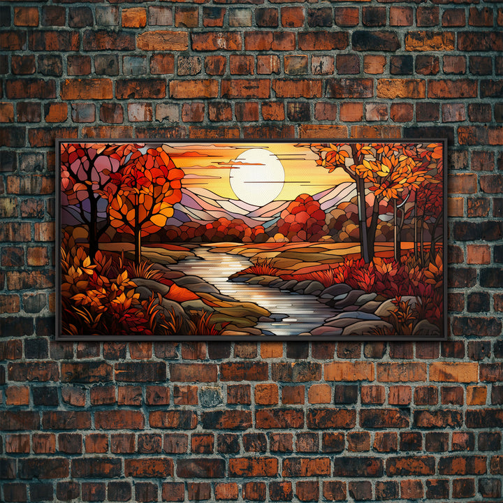 Fall Centerpiece Landscape Painting Canvas Print, Stained Glass Style Art, Stained Glass Wall Art, Autumn Decor, Rustic Fall Art, Fall Decor