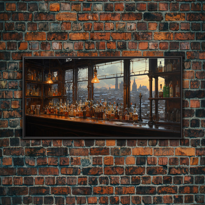 Old Timey Western Bar, Oil Painting Of A Vintage Bar Overlooking The City, Kitchen Art, Kitchen Wall Art, Home Bar Decor, Bar Cart Art