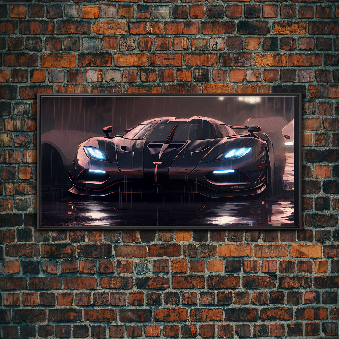 Koenigsegg Agera in the Rain, Supercar Art, Framed Canvas Print