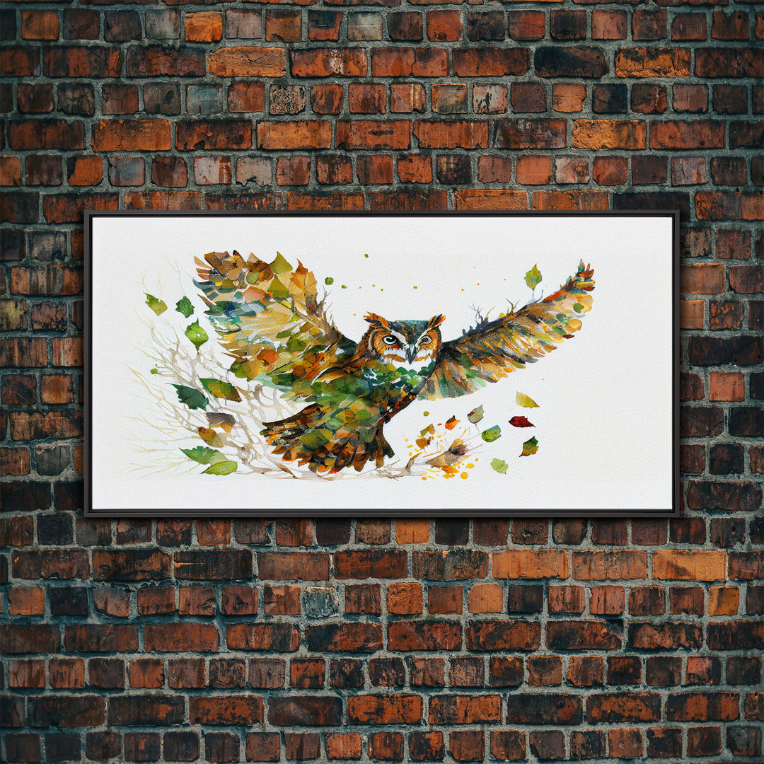 Owl wall art, framed canvas print, owl decor, nature art, owl print, owl painting, owl made of leaves double exposure art