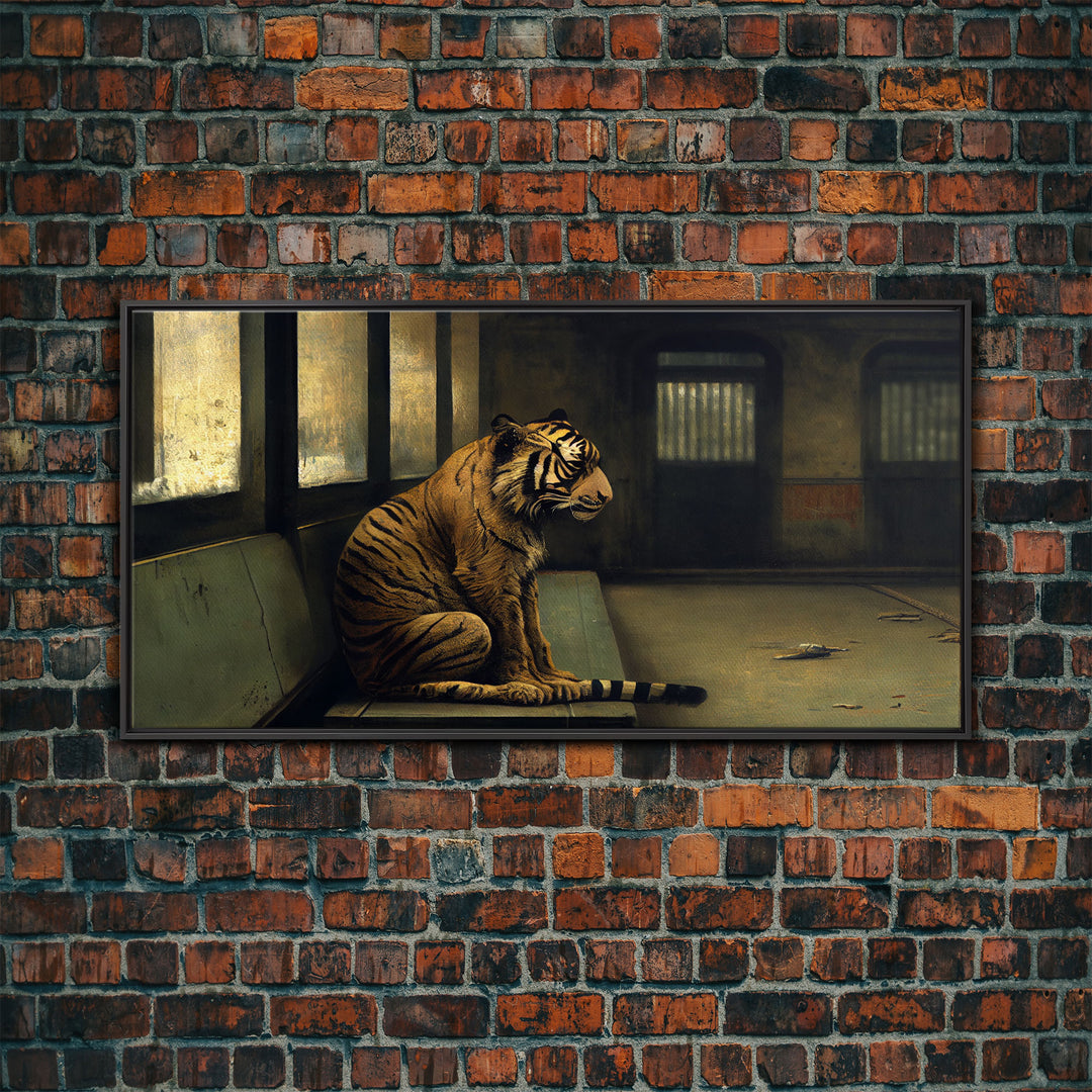 Tiger in a Subway train car, Post-apocalyptic urban decay art, framed canvas print