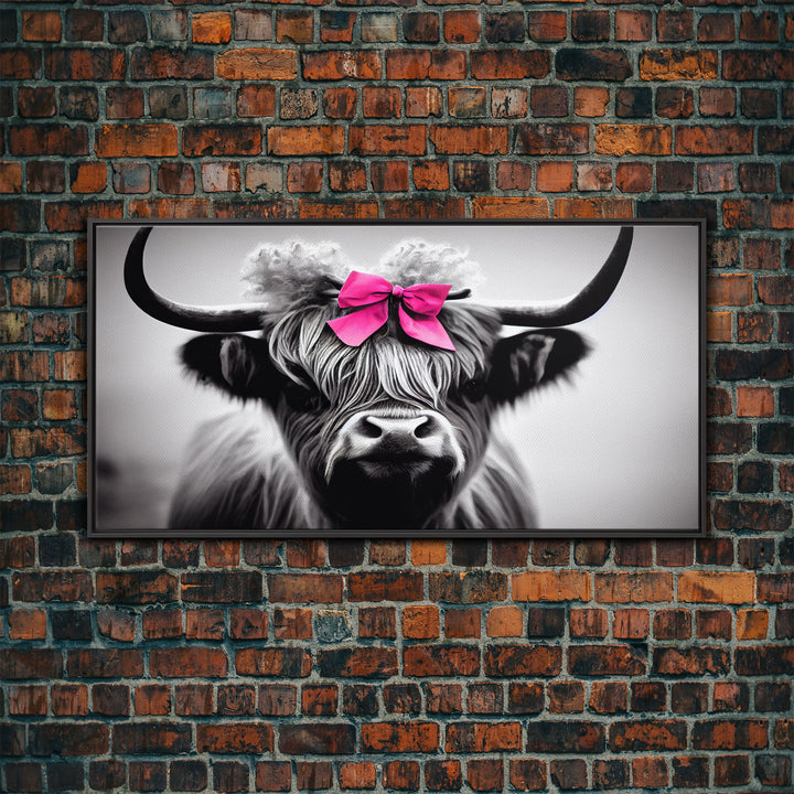 Cute Highland Cow wearing a Bow, Pink Bow on a Cute Cow, framed canvas print, black and white farmhouse cow art