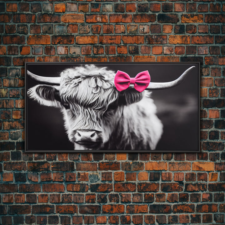 Highland cow canvas wall art, farmhouse decor, black and white cow, cute cow wearing a pink bow, framed canvas print, Scottish cow art