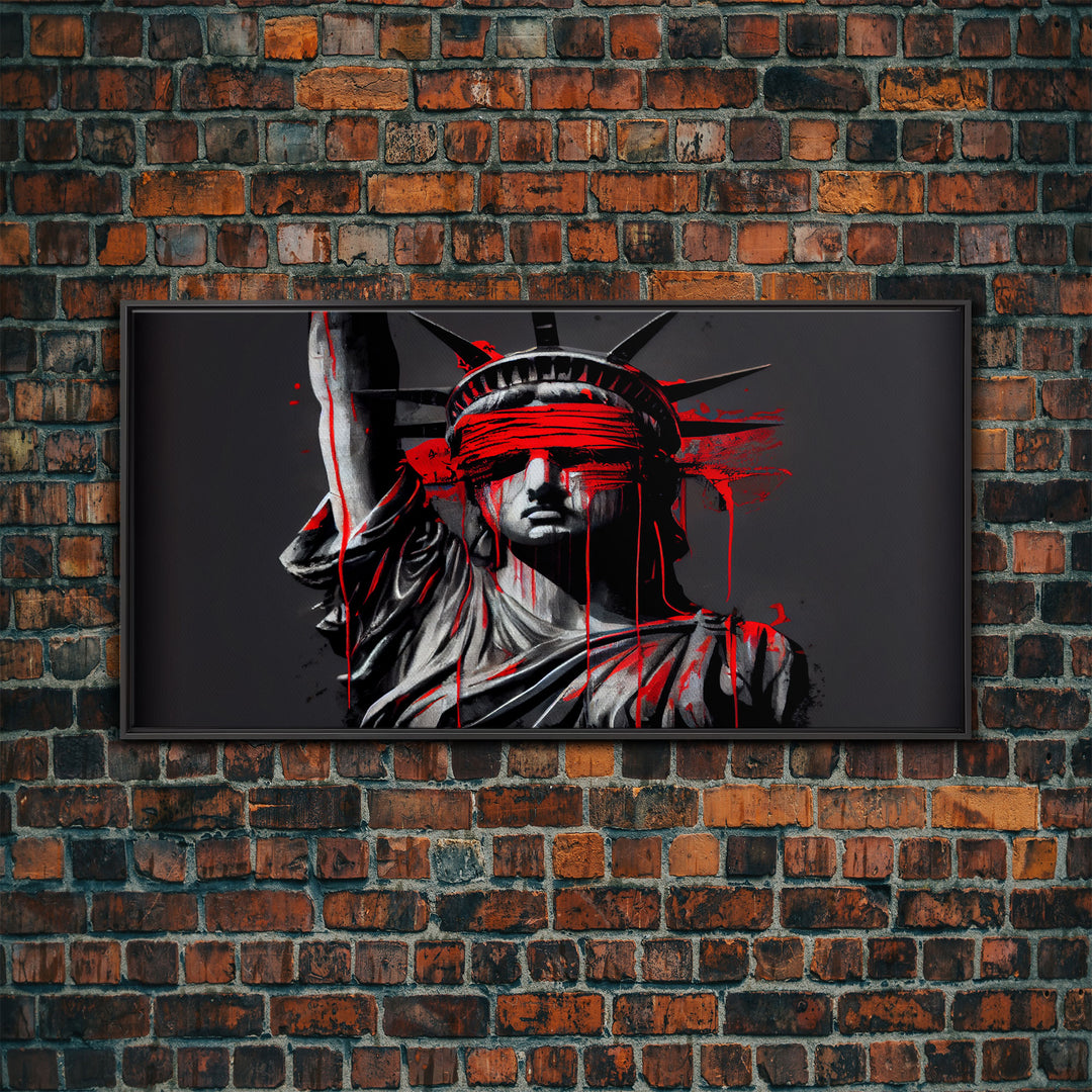 Statue of liberty wearing a bloody blindfold, Dystopian graffiti art, NYC, framed canvas print, pop art Statue of Liberty