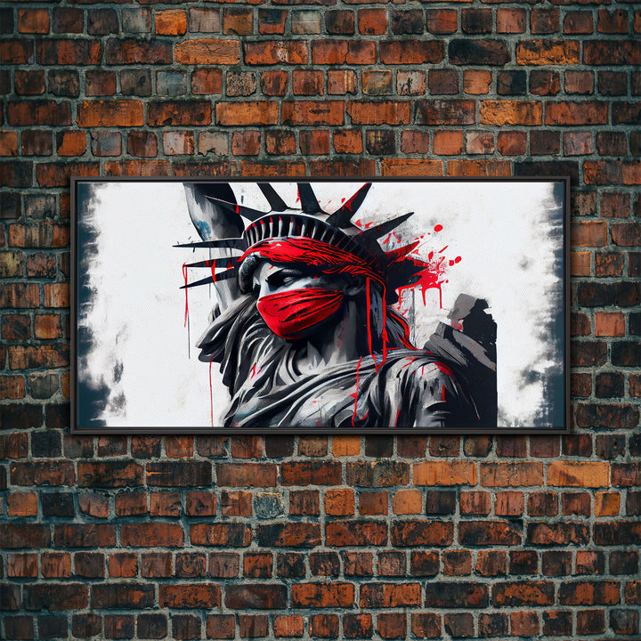 Statue of liberty wearing a bloody Covid mask, Dystopian graffiti art, NYC, framed canvas print, pop art Statue of Liberty