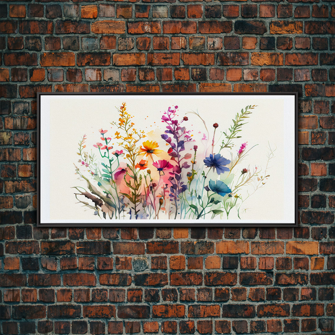 Panoramic Wildflower Canvas Print, Watercolor Flowers, Farmhouse Decor, Meadow Grass, Bedroom Wall Decor, Pastel Colors, Botanical Greenery