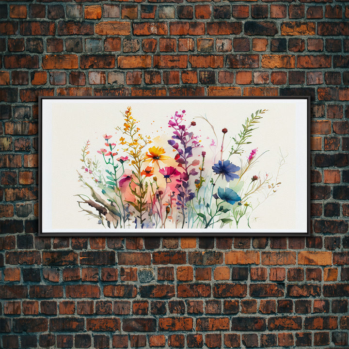 Panoramic Wildflower Canvas Print, Watercolor Flowers, Farmhouse Decor, Meadow Grass, Bedroom Wall Decor, Pastel Colors, Botanical Greenery