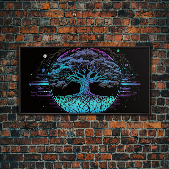 Norse Mythology Art, Synthwave Style Yggdrasil Tree of Life and the 9 Realms, Fantasy Art, Framed Canvas Print, Game Room Nordic Art