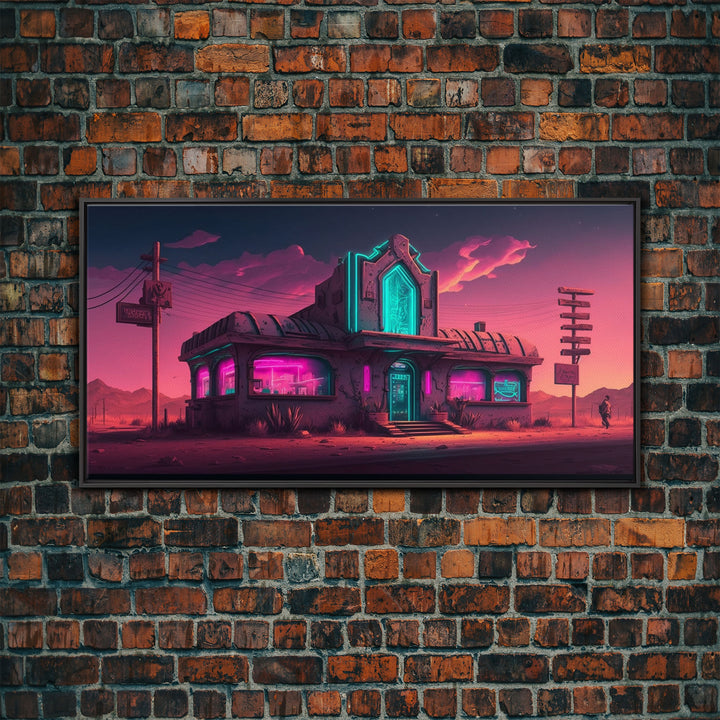 Art Deco Cyberpunk Diner, Wild West Mashup Art, Framed Canvas Print, Neon Art, Wild West Concept Art