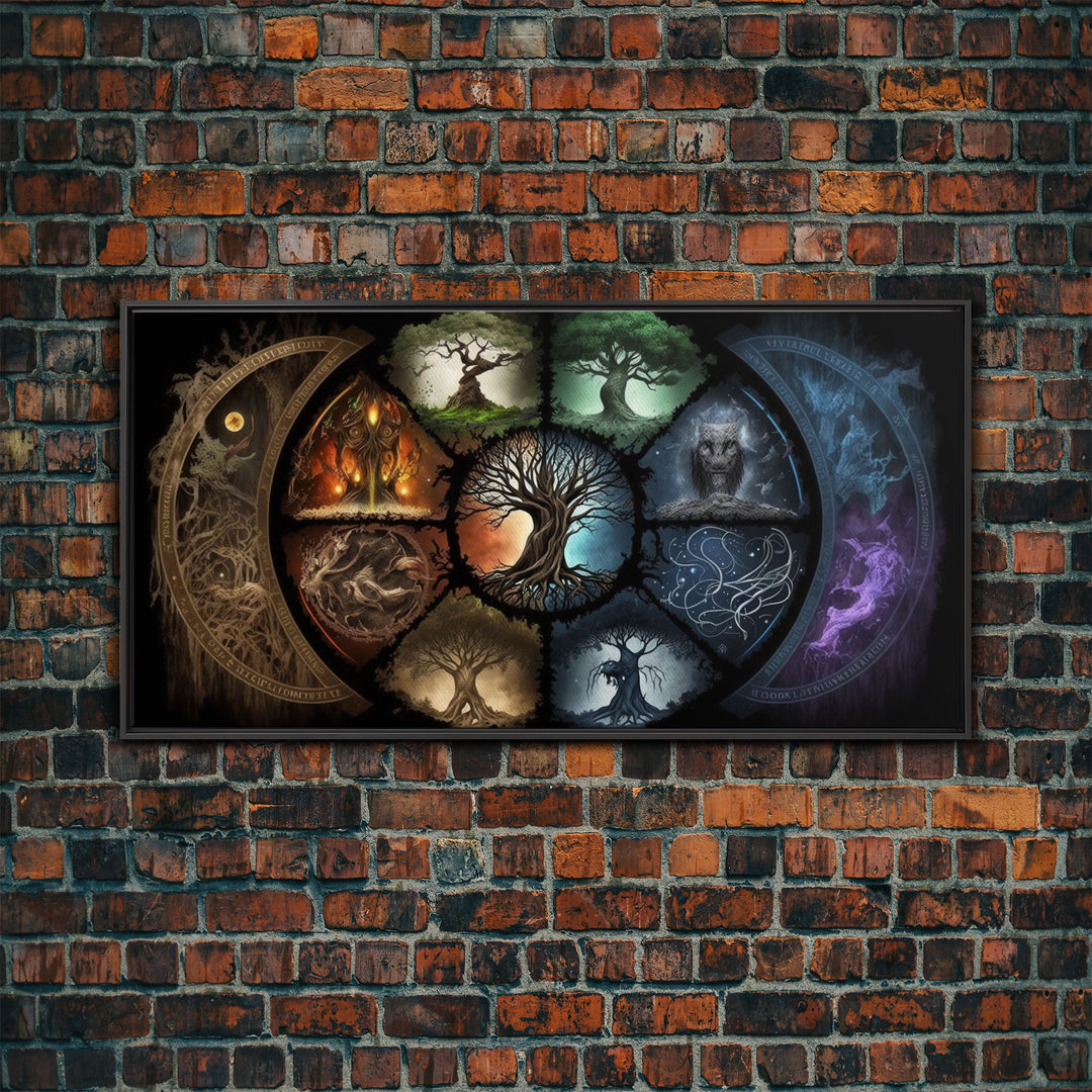 The Interconnected 9 Realms of Norse Mythology with Yggdrasil, Nordic Art, Framed Canvas Print, Nine Realms, Viking Art