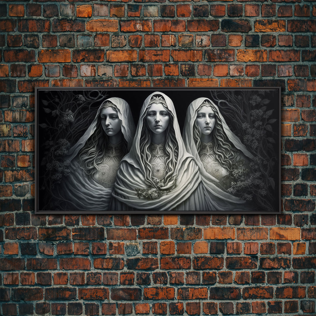 The Norns, Norse Mythology, Weavers of Fate, Framed Canvas Print,  Urðr, Verðandi, and Skuld, Black and White Norse Fantasy Art