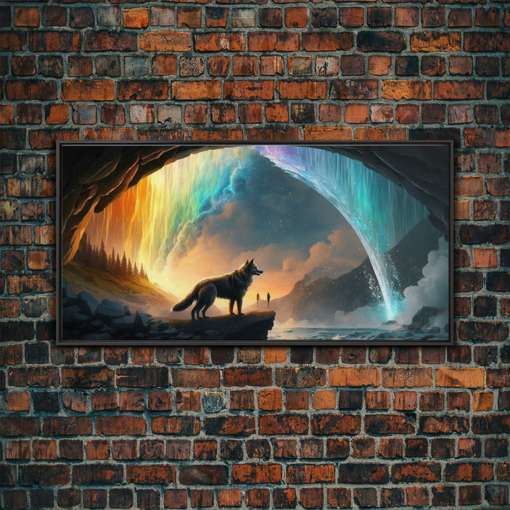 Fenrir, Mythological Wolf, With Bifrost. Norse Mythology Fantasy Art, Framed Canvas Print, Nordic Art