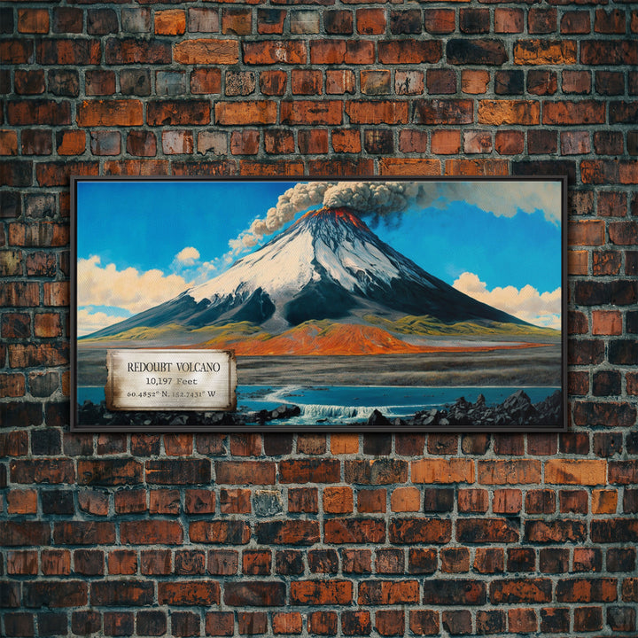 Mount Redoubt, Volcanos of Alaska, Travel Poster Wall Art, Framed Canvas Print, American Mountains, Mountain Landscape Painting