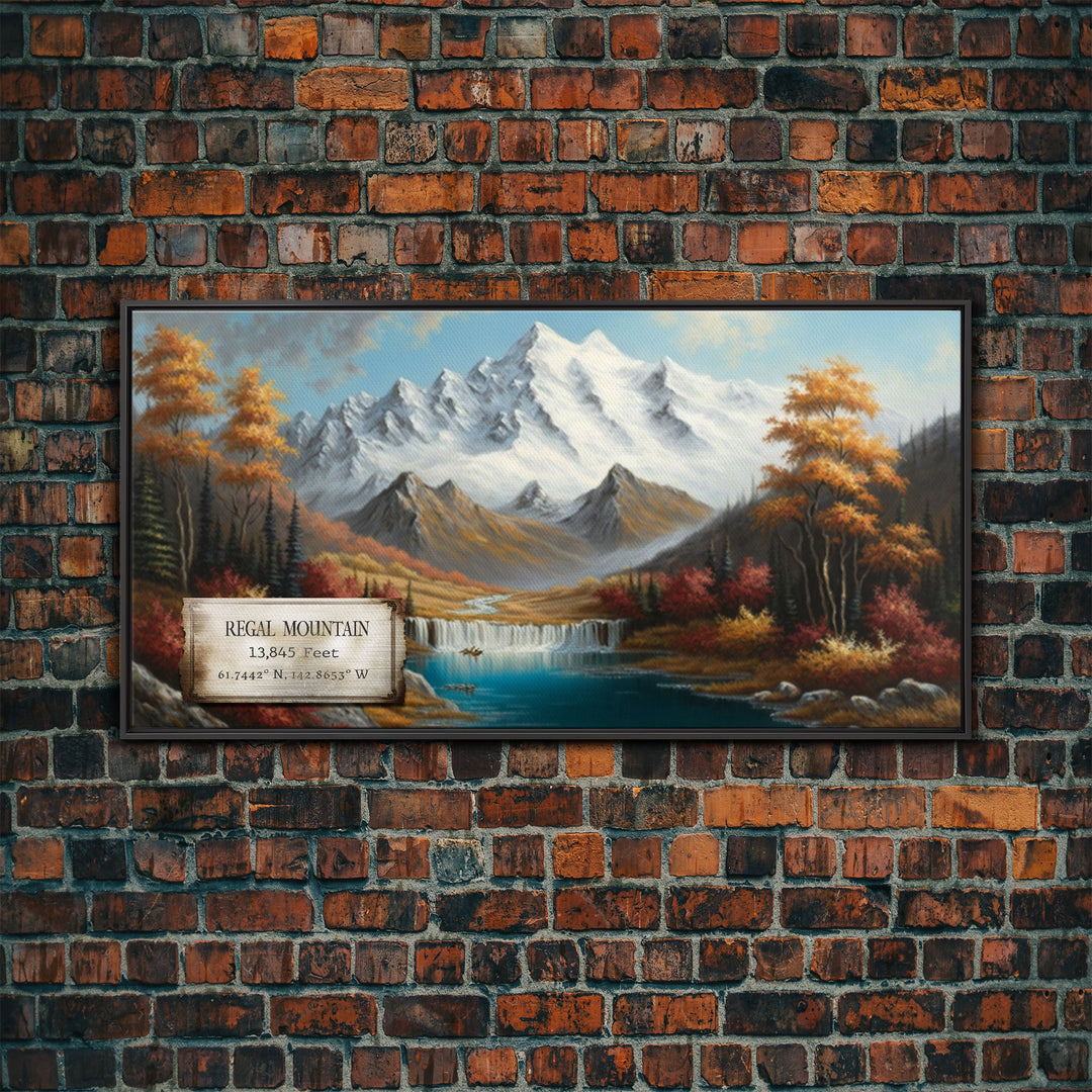 Regal Mountain, Travel Poster Wall Art, Framed Canvas Print, American Mountains, Mountain Landscape Painting, Wrangell Mountains Alaska