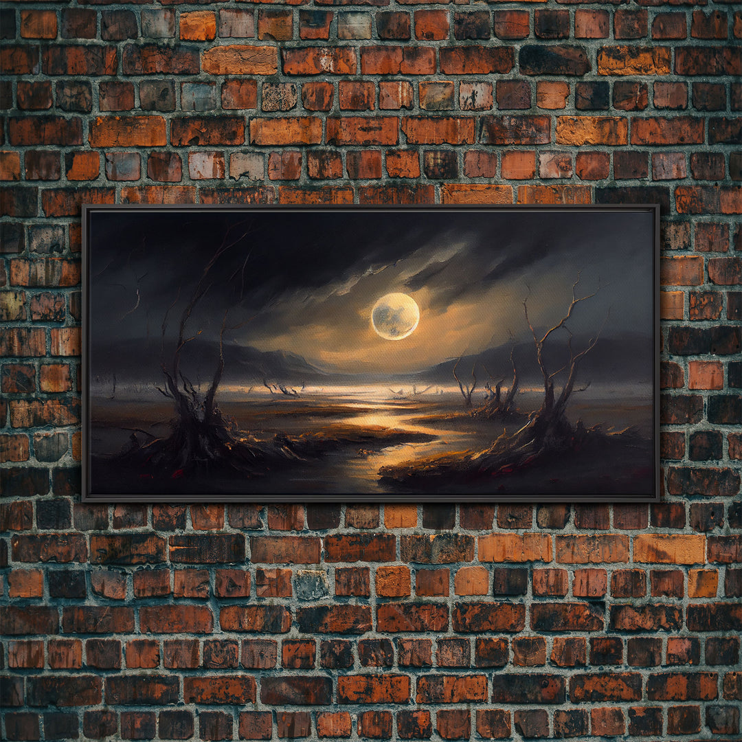 Midnight In The Swamp, Framed Canvas Print, Fantasy Art Canvas, Wall Art, Game Room Art, Full moon