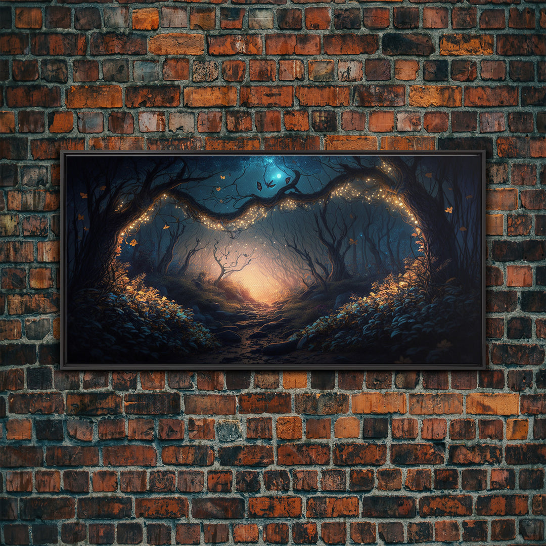 Wreath of Fireflies, Beautiful Fantasy Art, Framed Canvas Print, Moonlit Forest Floor Fantasy Concept Art