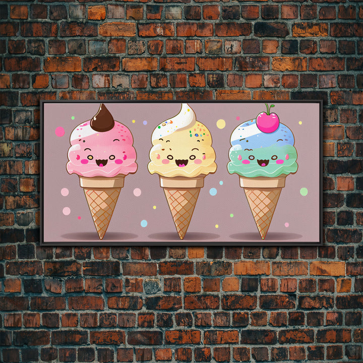 Ice Cream Wall Art, Framed Canvas Print, Cute Kawaii Art, Anime Style Wall Art, Ice Cream Parlor Art, Ice Cream Shop