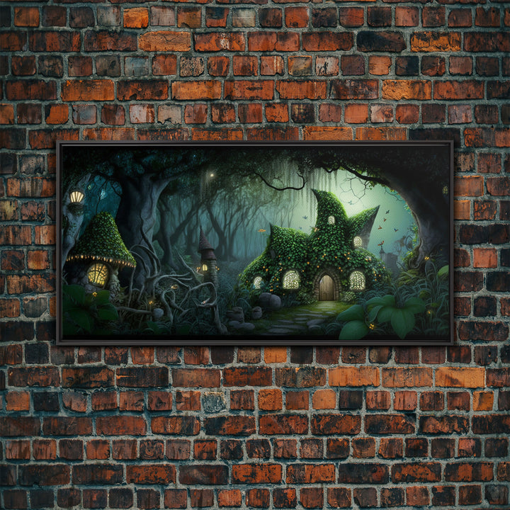 Gnome City, Wall Art, Fantasy Canvas Print, Framed Art, Tiny Gnome Houses On The Forest Floor