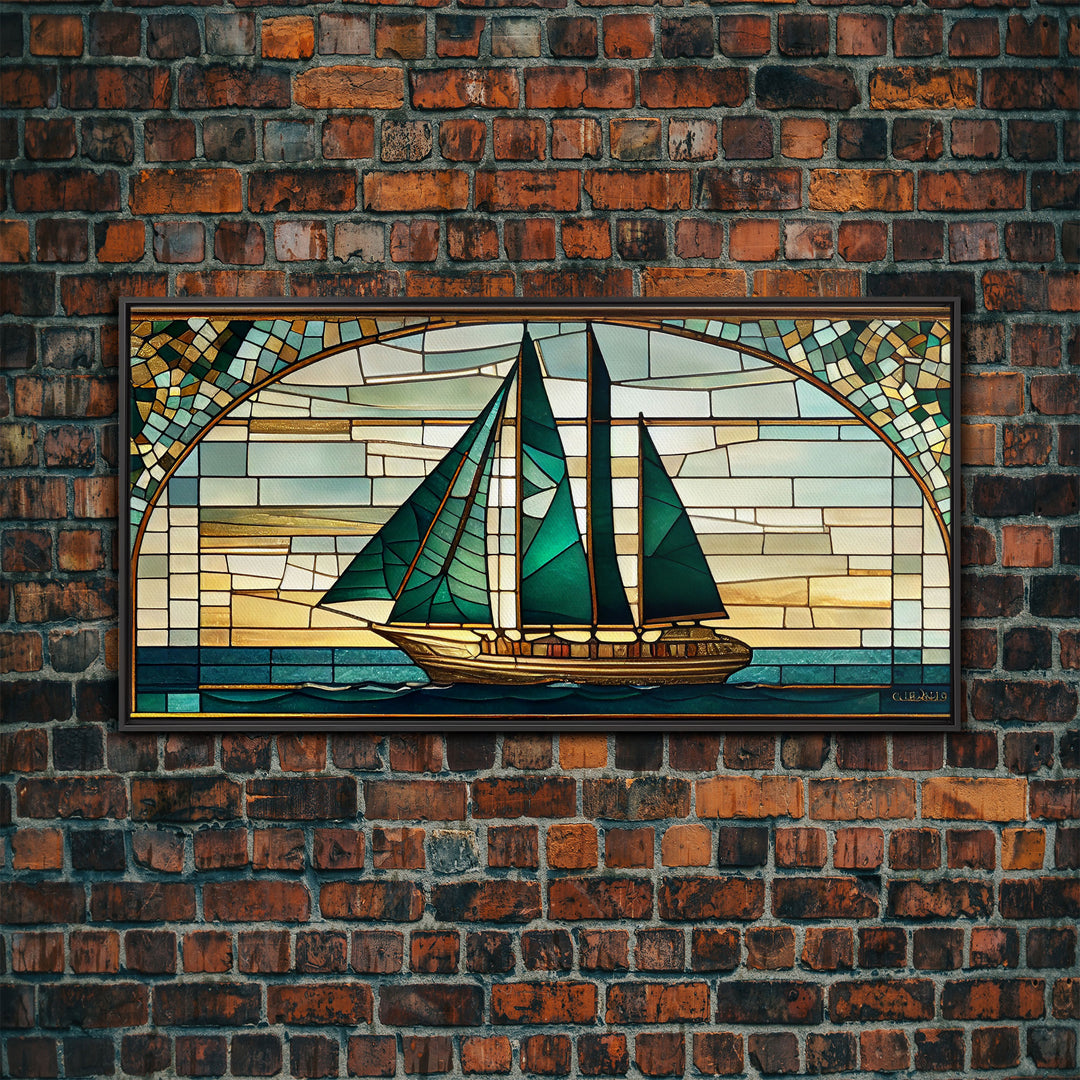 Emerald Green and Gold Art Deco Sail Boat, Framed Canvas Print, Retro MCM Style Wall Art, Midcentury Modern, Stained Glass, Huge Art