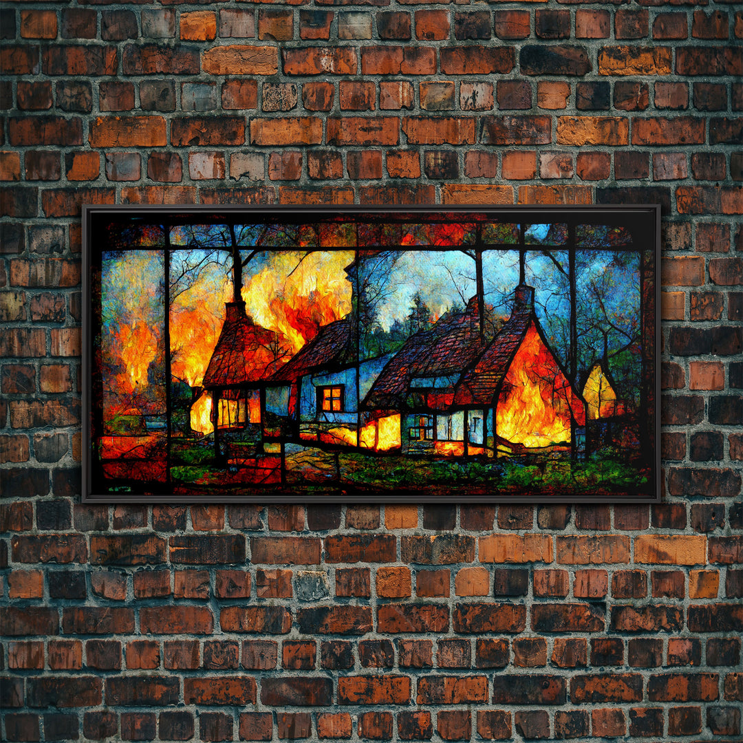 Stained Glass Cottage On Fire, Canvas print, negative art, house on fire depicted in stain glass, cool wall art