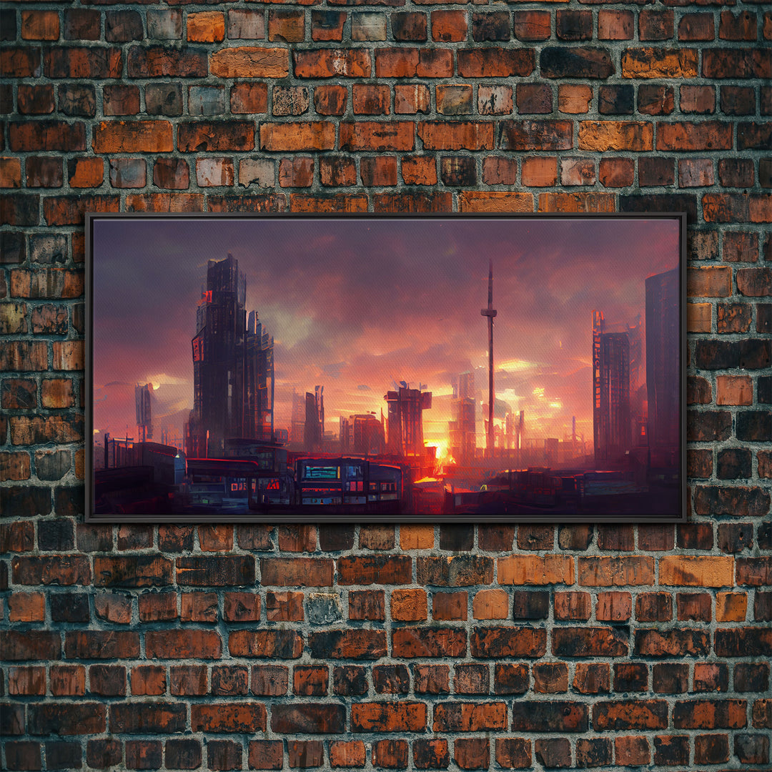 Watercolor of a cyberpunk city, canvas print, dystopian urban landscape at sunset, synthwave style