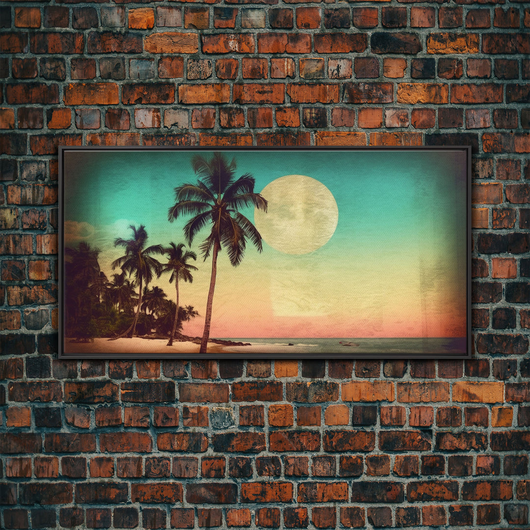 Sunset Over Beach Wall Decor, Tropical Wall Art, Palm Trees Art, Panoramic Wall Decor, Canvas Print, Wall Art, Framed Canvas Art