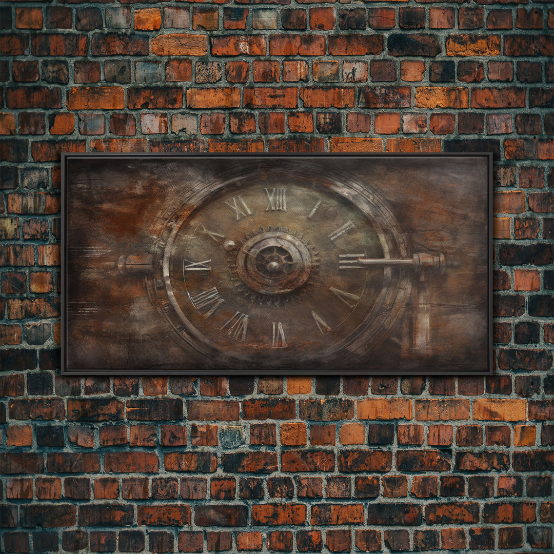 Clock Wall Decor, Steampunk Wall Art, Brown Grunge Wall Art, Panoramic Wall Decor, Canvas Print, Wall Art, Framed Canvas Art