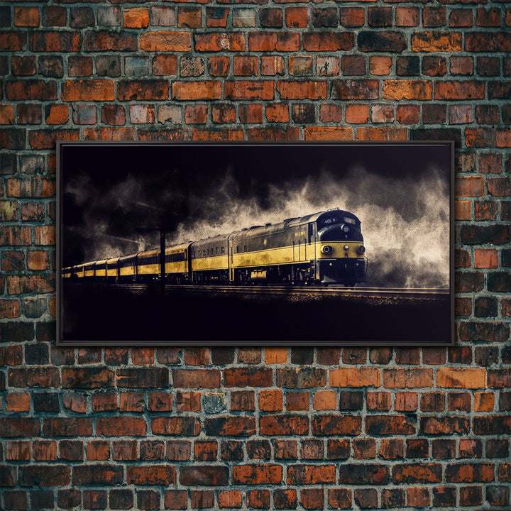 Black Yellow Locomotive Wall Decor, Railroad Wall Decor, Railway Wall Art, Panoramic Wall Decor, Canvas Print, Wall Art, Framed Canvas Art