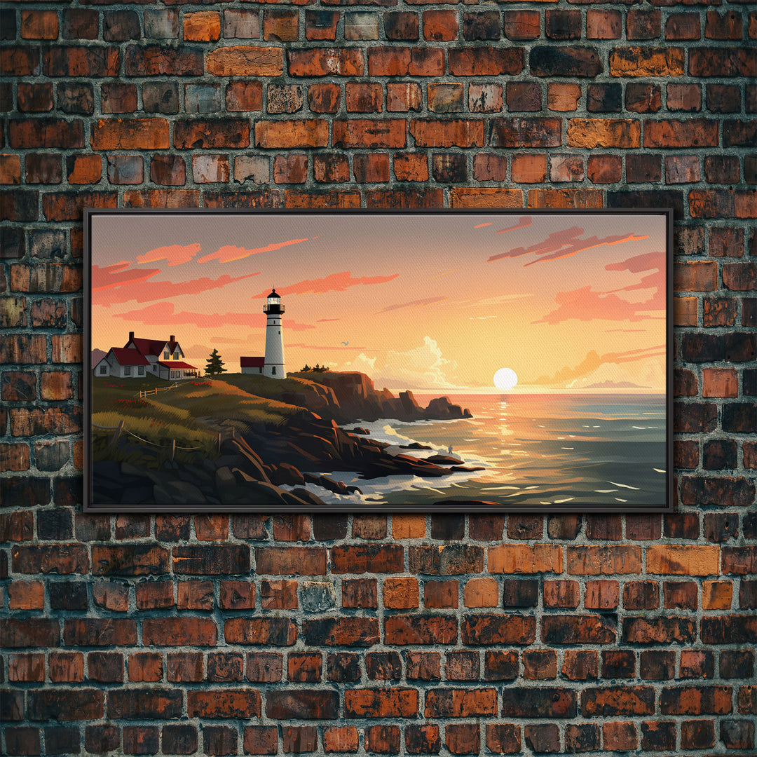 Lighthouse Painting, Nautical Wall Art, Sunset Wall Print, Panoramic Art, Wall Art, Canvas Art, Landscape Art, Above Couch Wall Art, Prints