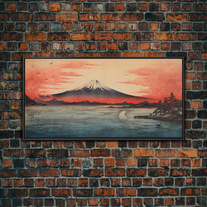 Volcano, Japanese Art, Asian Landscape, Panoramic Art, Wall Art, Canvas Art, Landscape Art, Gift For Him, Modern Home Decor, Home Decor Art