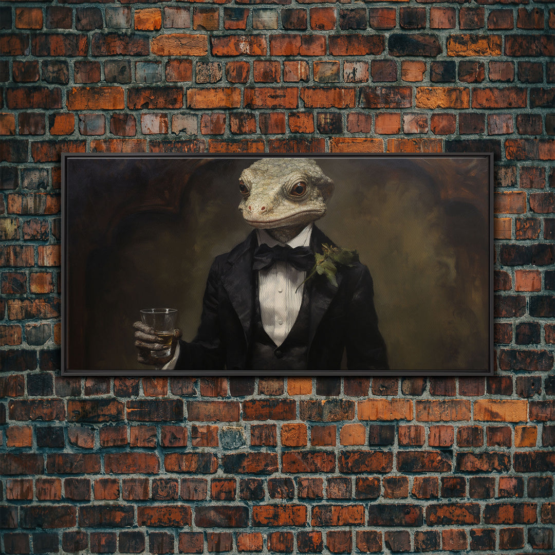 Victorian Gecko Business Man, Witch's Familiar Art, Halloween Decor, Framed Canvas Print, Halloween Wall Art, Victorian Gothic Art