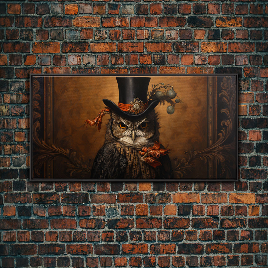 Gothic Victorian Owl Portrait, Framed Canvas Print, Halloween Wall Art, Unique Wall Decor, Owl Painting