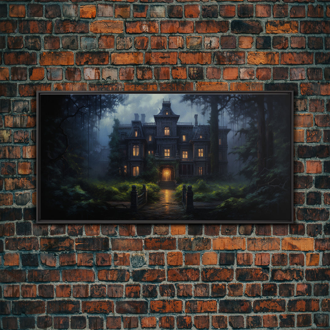 The Haunted House, Spooky Halloween Art, Haunted Victorian Mansion Framed Canvas Print, Horror Prints