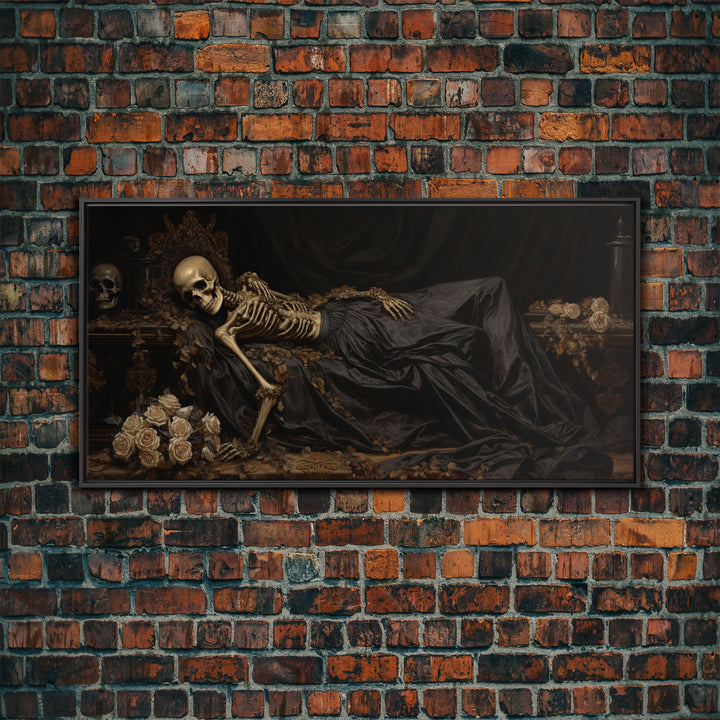 Eternal Slumber, Framed Canvas Print, Creepy Victorian Oil Painting, Halloween Art Prints, The Sleeping Skeleton Painting