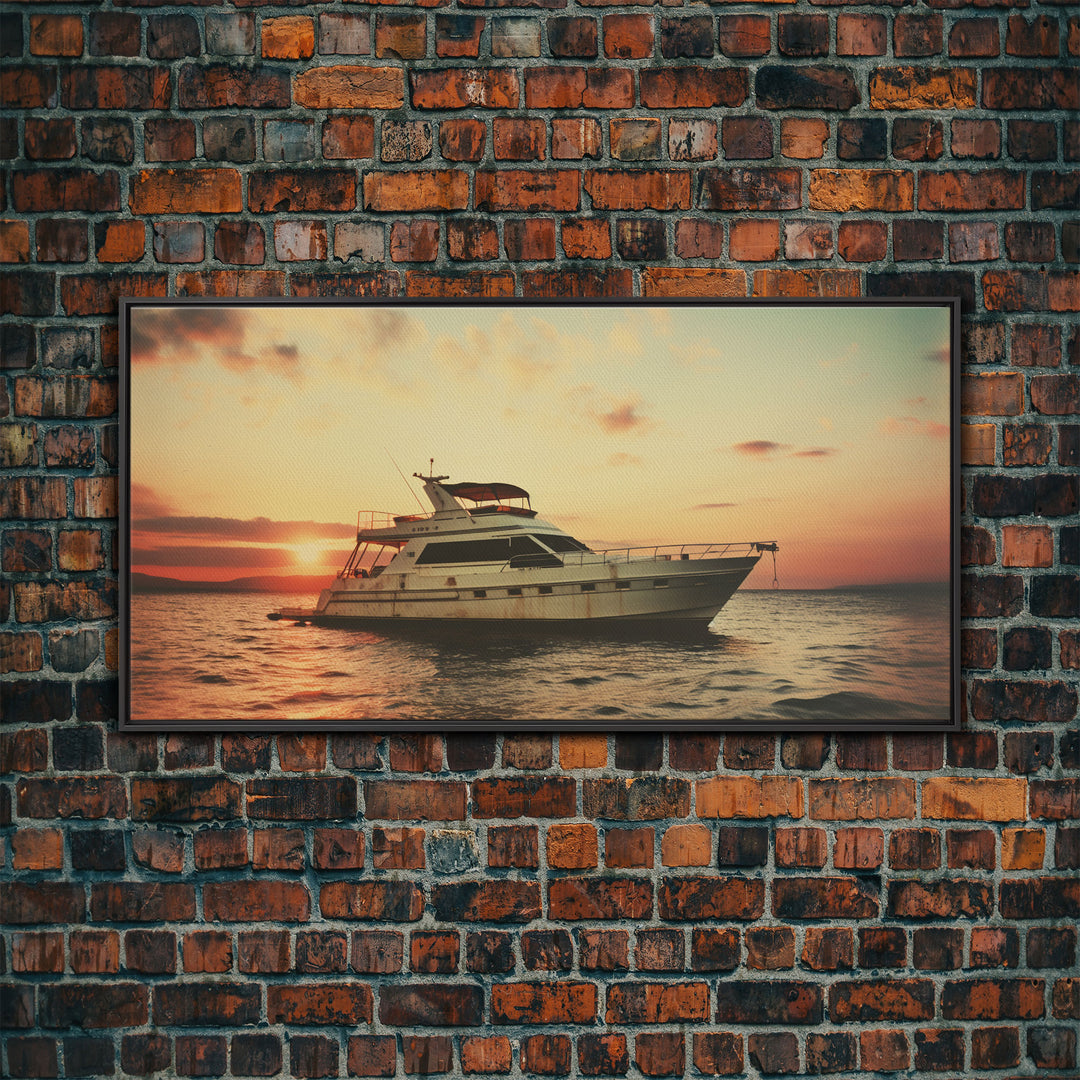 An Abandoned Yacht at Sunset - Framed Canvas Print - Nautical Decor - Vaporwave Art - Liminal Spaces - Urban Decay - Eclectic Wall Art